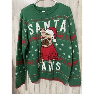 Holiday Time French Bulldog Santa Paws‎ Ugly Christmas Sweater Green XXL